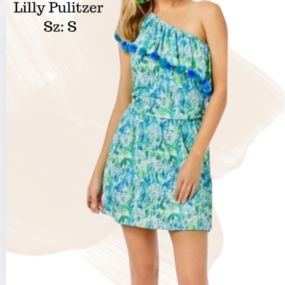 Lilly Pulitzer Idara One Shoulder Romper | Blue Green Tropical Pom‎ Pom | Sz S